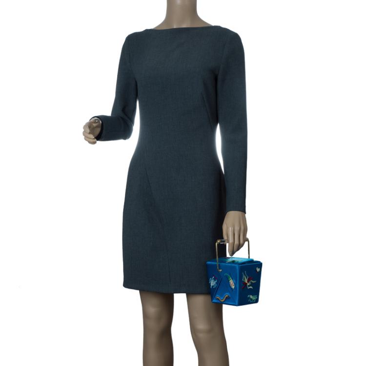 Pre Owned Charlotte Olympia Blue Satin Emboidered Take Me Away Crepe Clutch