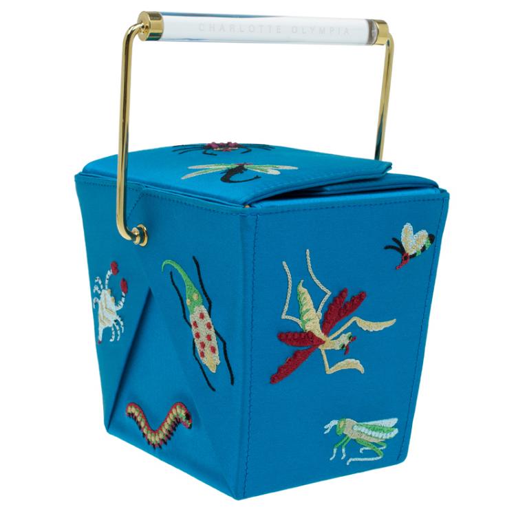 Pre Owned Charlotte Olympia Blue Satin Emboidered Take Me Away Crepe Clutch