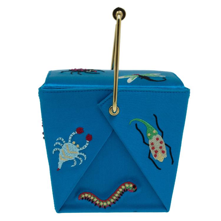 Pre Owned Charlotte Olympia Blue Satin Emboidered Take Me Away Crepe Clutch