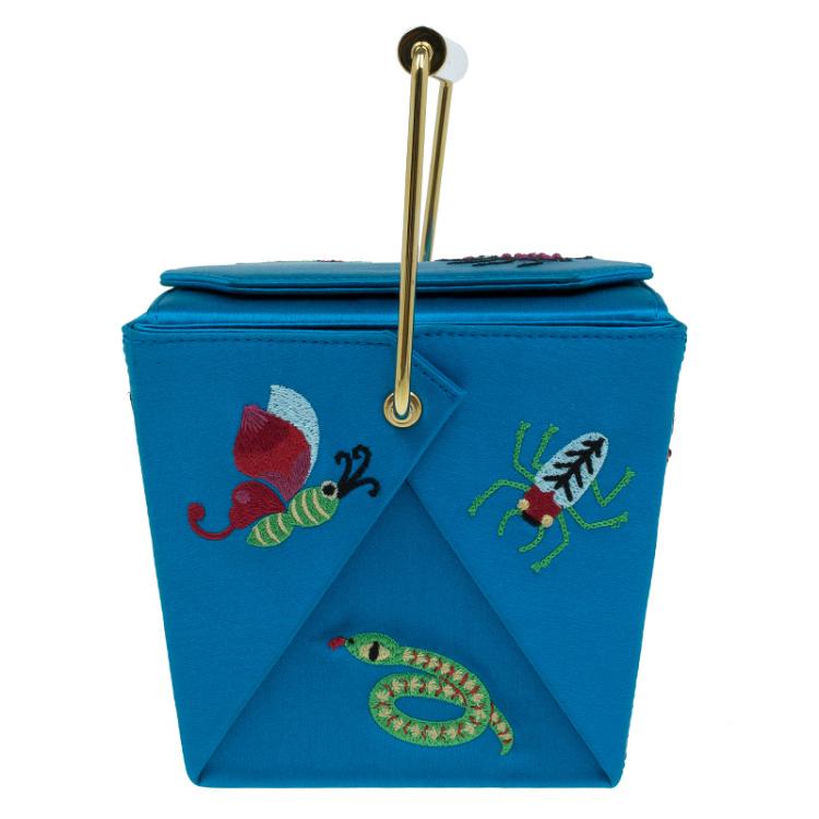 Pre Owned Charlotte Olympia Blue Satin Emboidered Take Me Away Crepe Clutch