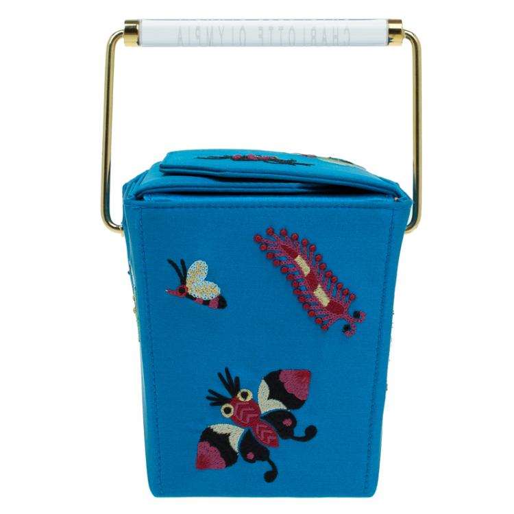 Pre Owned Charlotte Olympia Blue Satin Emboidered Take Me Away Crepe Clutch