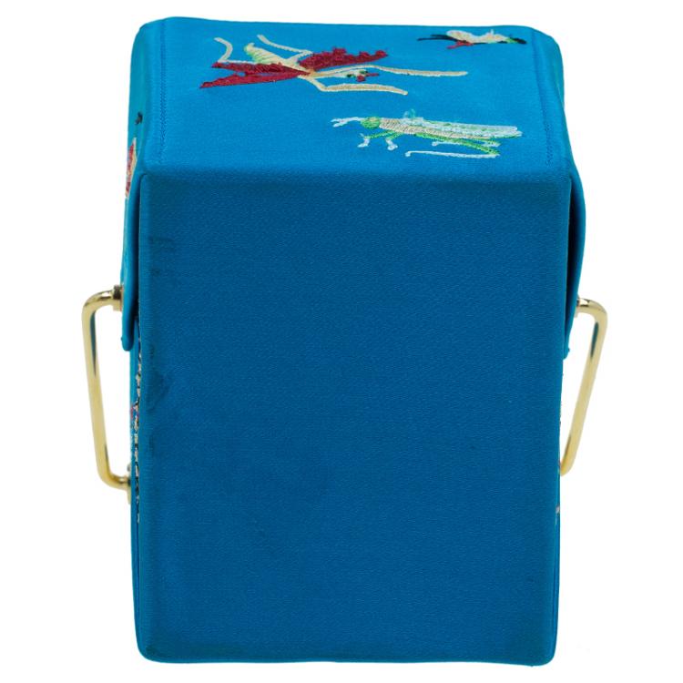 Pre Owned Charlotte Olympia Blue Satin Emboidered Take Me Away Crepe Clutch