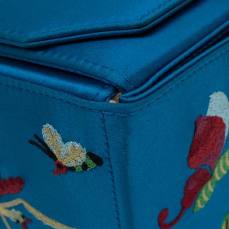 Pre Owned Charlotte Olympia Blue Satin Emboidered Take Me Away Crepe Clutch