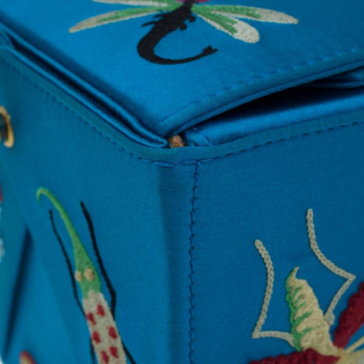 Pre Owned Charlotte Olympia Blue Satin Emboidered Take Me Away Crepe Clutch