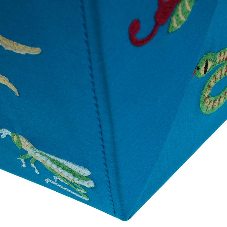 Pre Owned Charlotte Olympia Blue Satin Emboidered Take Me Away Crepe Clutch