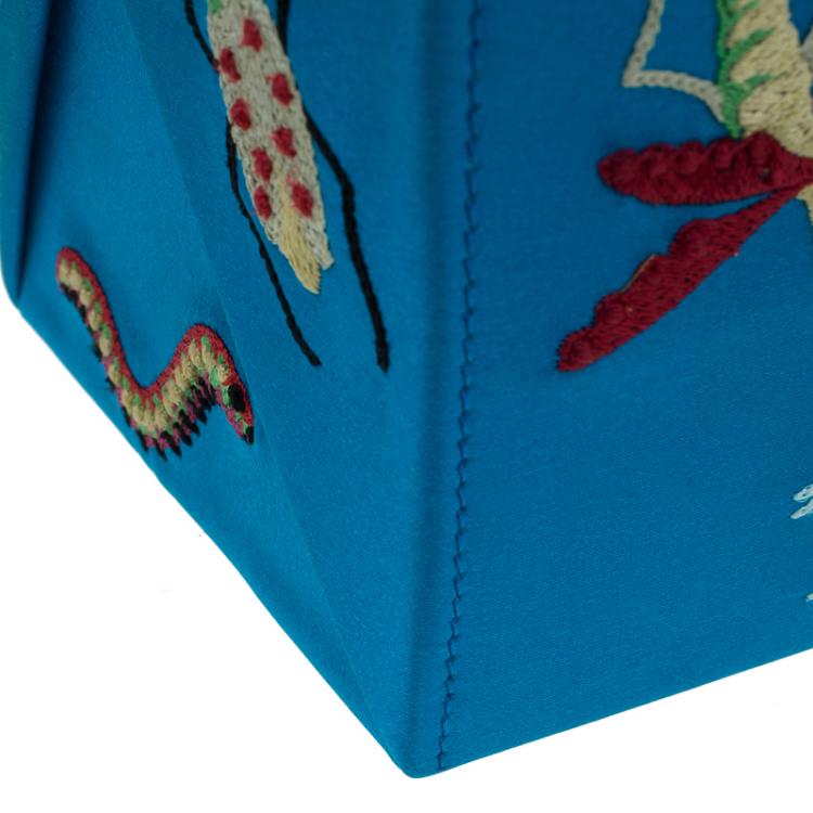 Pre Owned Charlotte Olympia Blue Satin Emboidered Take Me Away Crepe Clutch