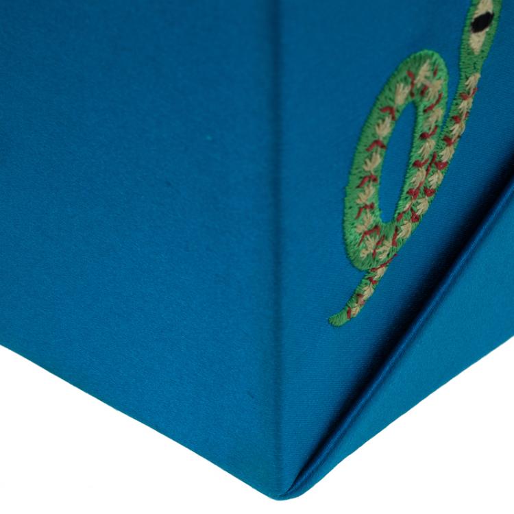 Pre Owned Charlotte Olympia Blue Satin Emboidered Take Me Away Crepe Clutch