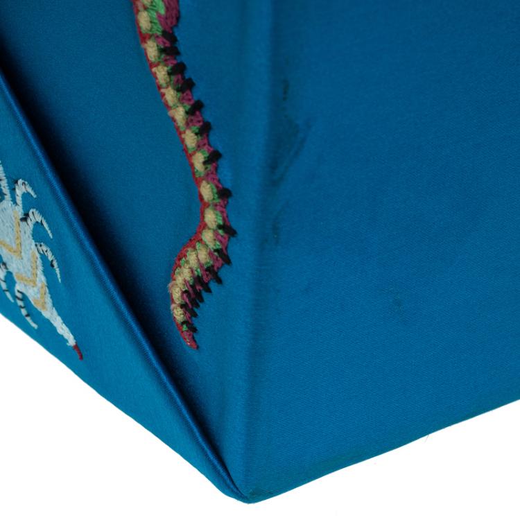 Pre Owned Charlotte Olympia Blue Satin Emboidered Take Me Away Crepe Clutch