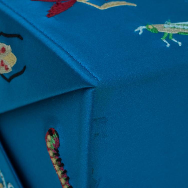Pre Owned Charlotte Olympia Blue Satin Emboidered Take Me Away Crepe Clutch
