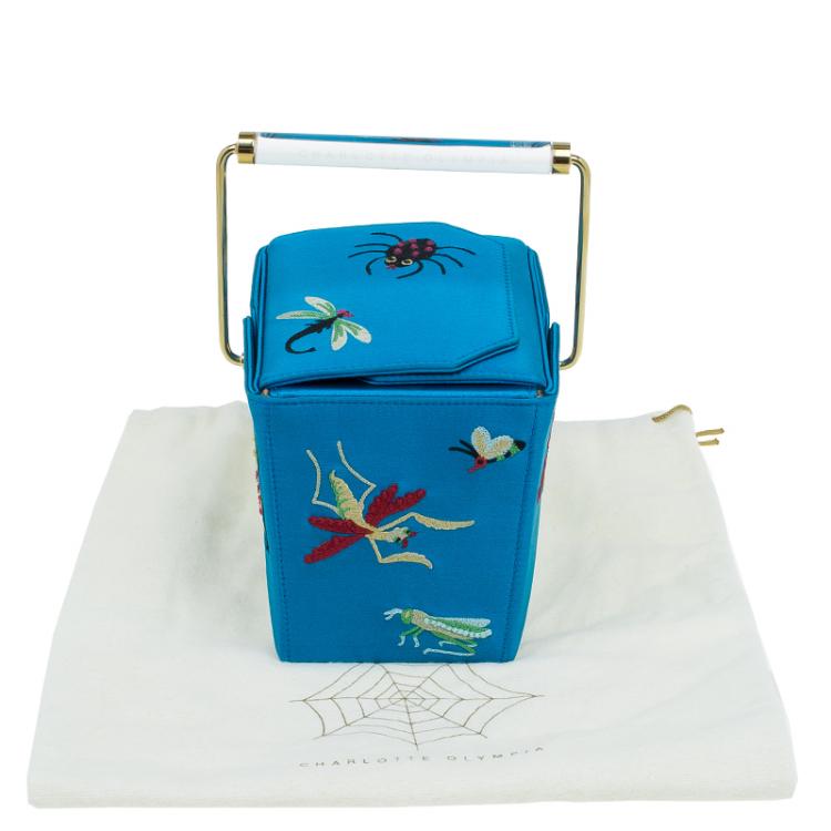 Pre Owned Charlotte Olympia Blue Satin Emboidered Take Me Away Crepe Clutch