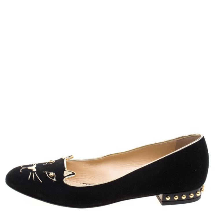 Pre Owned Charlotte Olympia Black Embroidered Velvet Kitty Flats Size 38