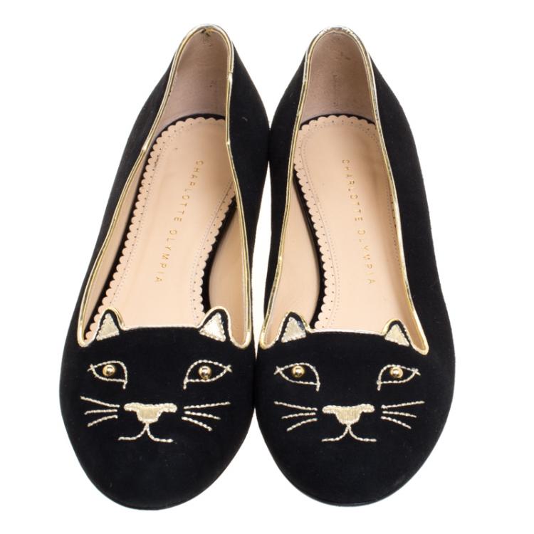Pre Owned Charlotte Olympia Black Embroidered Velvet Kitty Flats Size 38