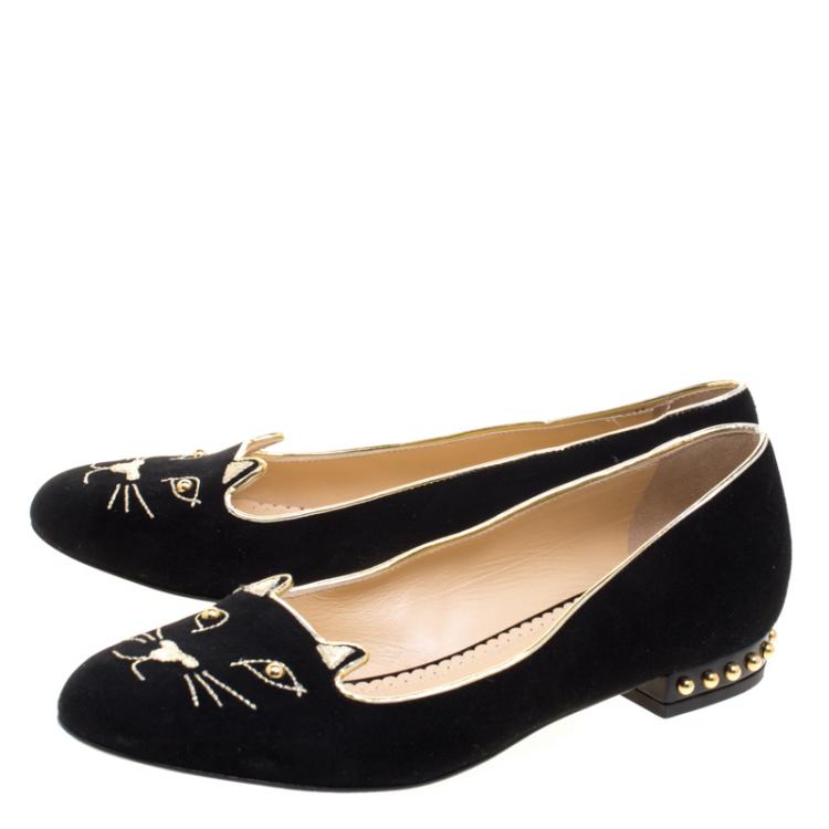Pre Owned Charlotte Olympia Black Embroidered Velvet Kitty Flats Size 38