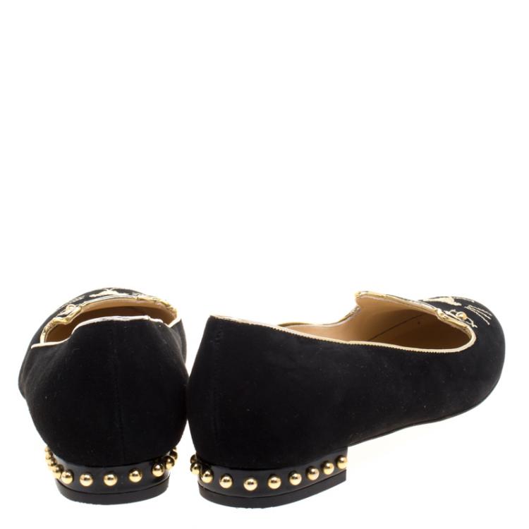 Pre Owned Charlotte Olympia Black Embroidered Velvet Kitty Flats Size 38