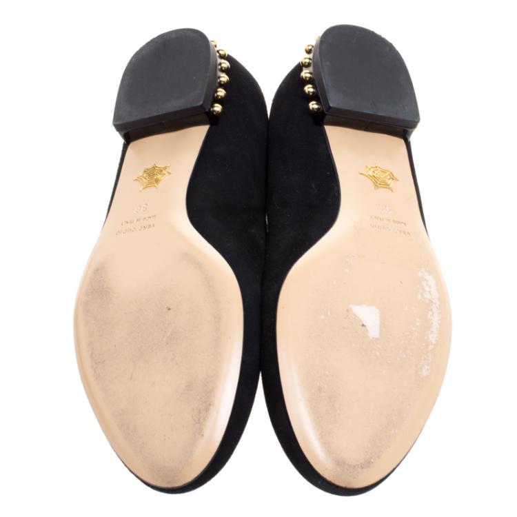 Pre Owned Charlotte Olympia Black Embroidered Velvet Kitty Flats Size 38