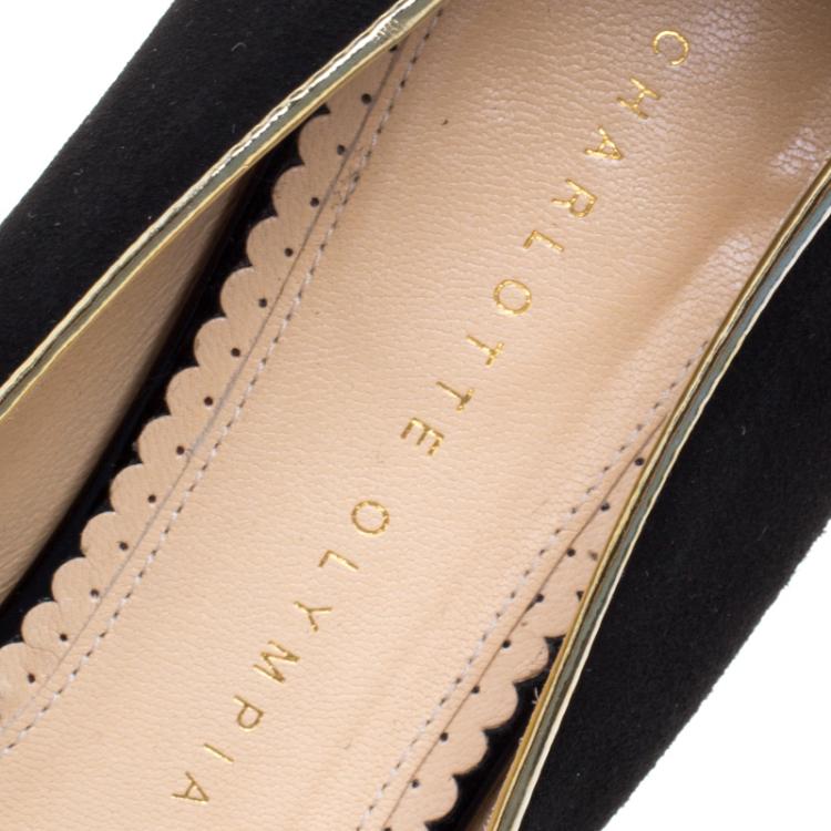 Pre Owned Charlotte Olympia Black Embroidered Velvet Kitty Flats Size 38