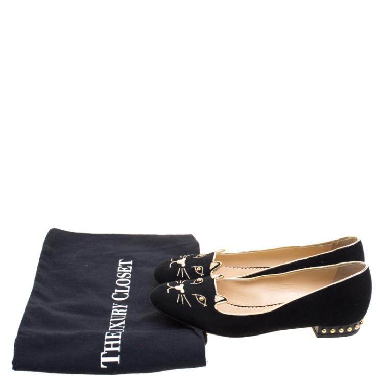 Pre Owned Charlotte Olympia Black Embroidered Velvet Kitty Flats Size 38