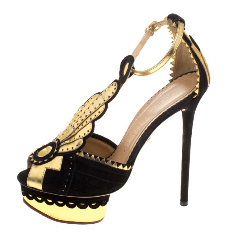 Pre Owned Charlotte Olympia Metallic Leather and Suede Sunset Ankle Strap Platform Sandals Size 36.5