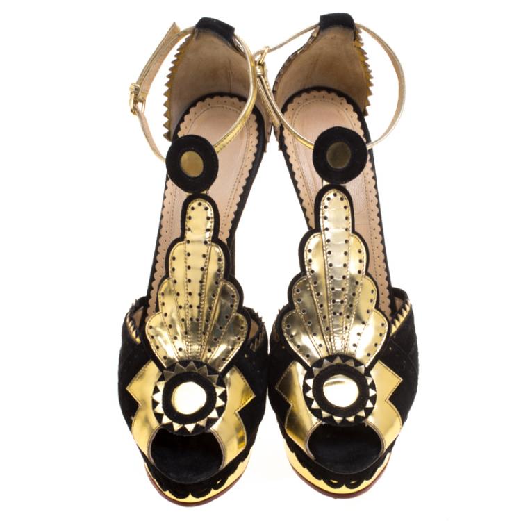 Pre Owned Charlotte Olympia Metallic Leather and Suede Sunset Ankle Strap Platform Sandals Size 36.5