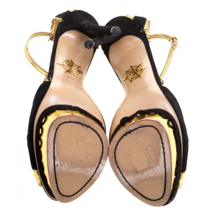 Pre Owned Charlotte Olympia Metallic Leather and Suede Sunset Ankle Strap Platform Sandals Size 36.5