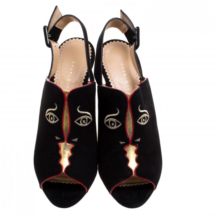Pre Owned Charlotte Olympia Black Suede Face To Face Slingback Sandals Size 39