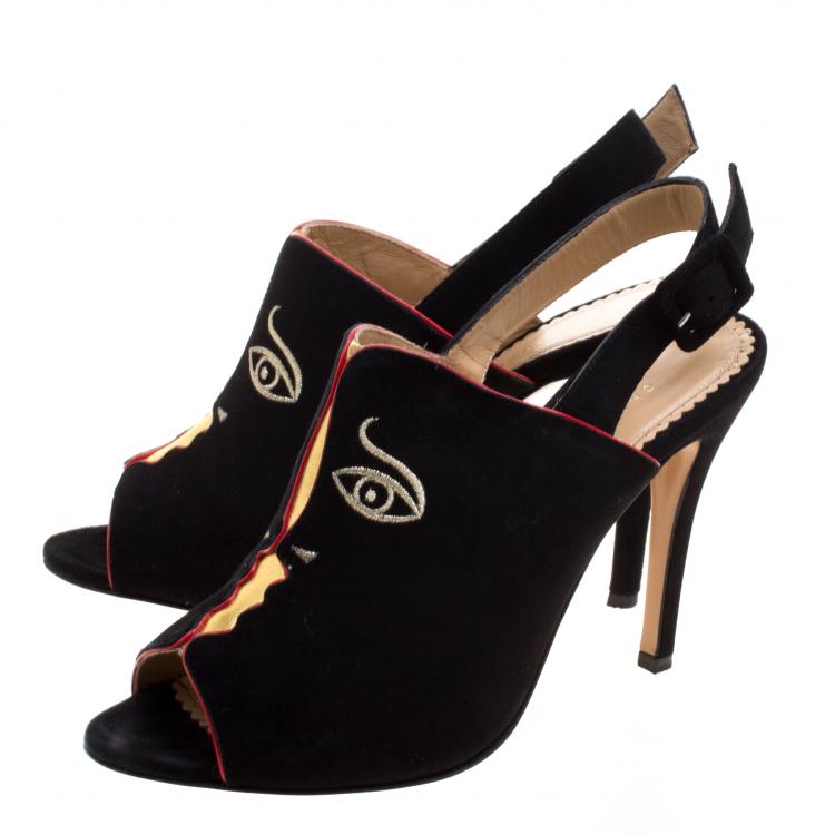 Pre Owned Charlotte Olympia Black Suede Face To Face Slingback Sandals Size 39