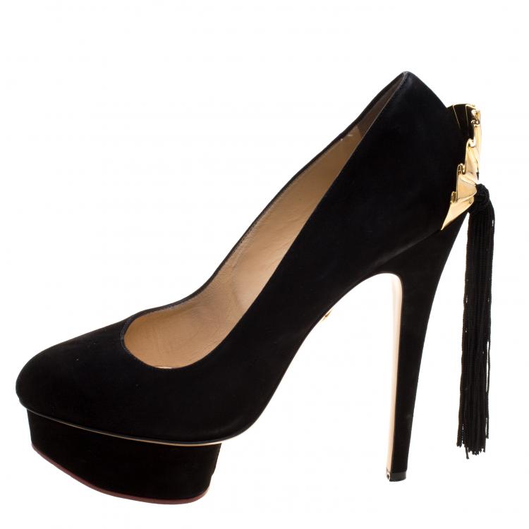 Pre Owned Charlotte Olympia Black Suede Fantastic Dolly Tassel Pumps Size 39.5