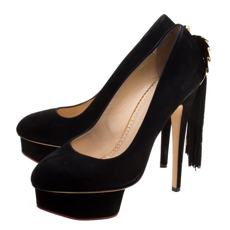 Pre Owned Charlotte Olympia Black Suede Fantastic Dolly Tassel Pumps Size 39.5