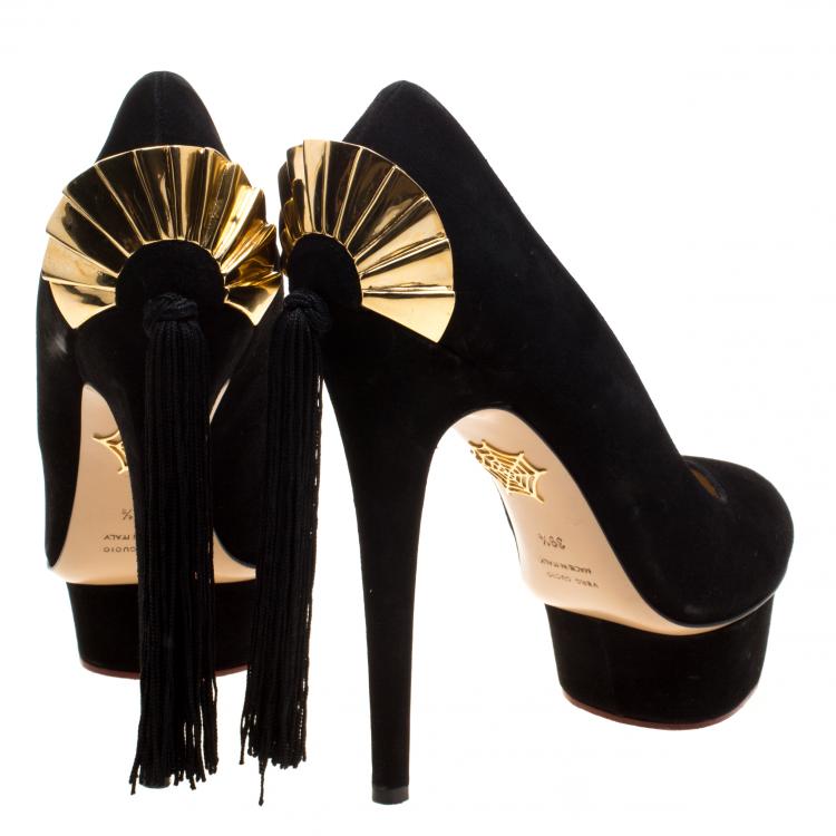 Pre Owned Charlotte Olympia Black Suede Fantastic Dolly Tassel Pumps Size 39.5