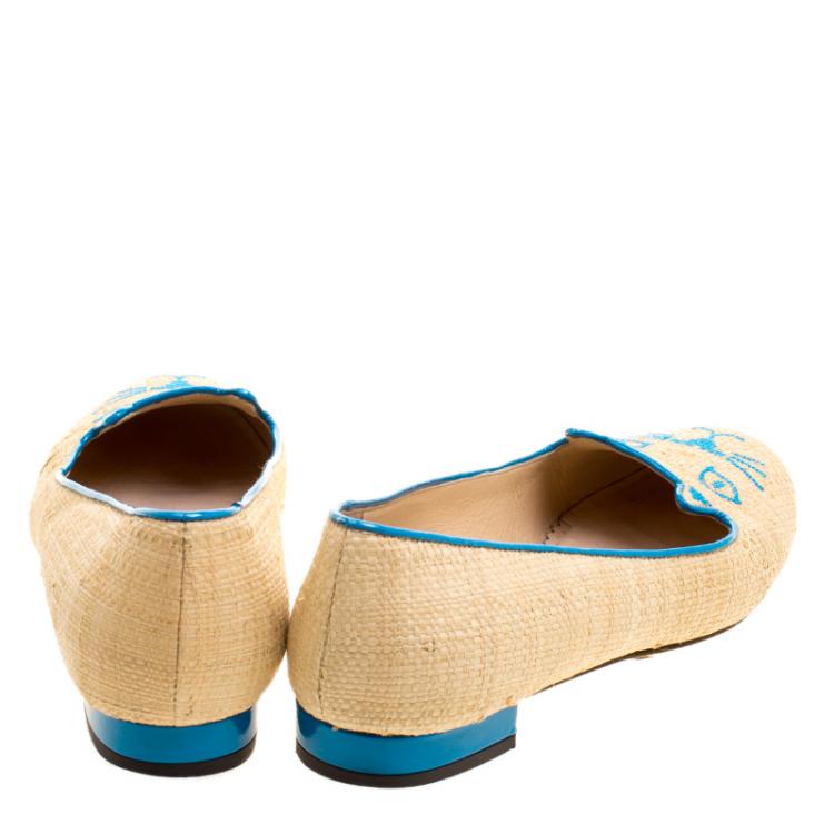 مملوكة مسبقًا Charlotte Olympia Beige and Blue Raffia Kitty Flats Size 37