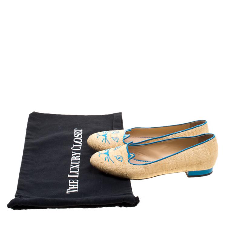 مملوكة مسبقًا Charlotte Olympia Beige and Blue Raffia Kitty Flats Size 37
