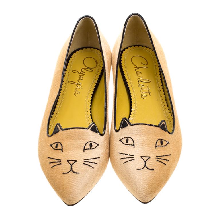 Pre Owned Charlotte Olympia Beige Velvet Mid Century Kitty Ballet Flats Size 38.5