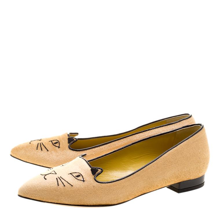 Pre Owned Charlotte Olympia Beige Velvet Mid Century Kitty Ballet Flats Size 38.5