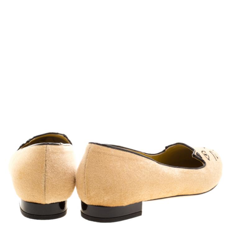 Pre Owned Charlotte Olympia Beige Velvet Mid Century Kitty Ballet Flats Size 38.5
