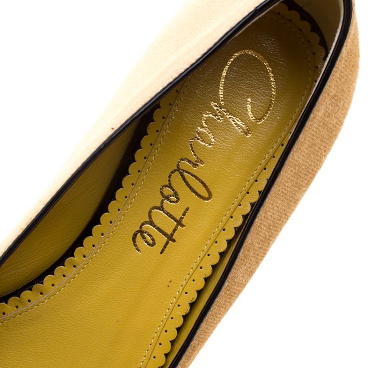 Pre Owned Charlotte Olympia Beige Velvet Mid Century Kitty Ballet Flats Size 38.5