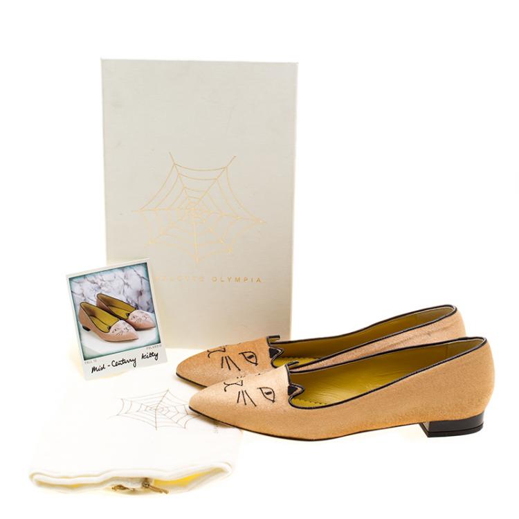 Pre Owned Charlotte Olympia Beige Velvet Mid Century Kitty Ballet Flats Size 38.5