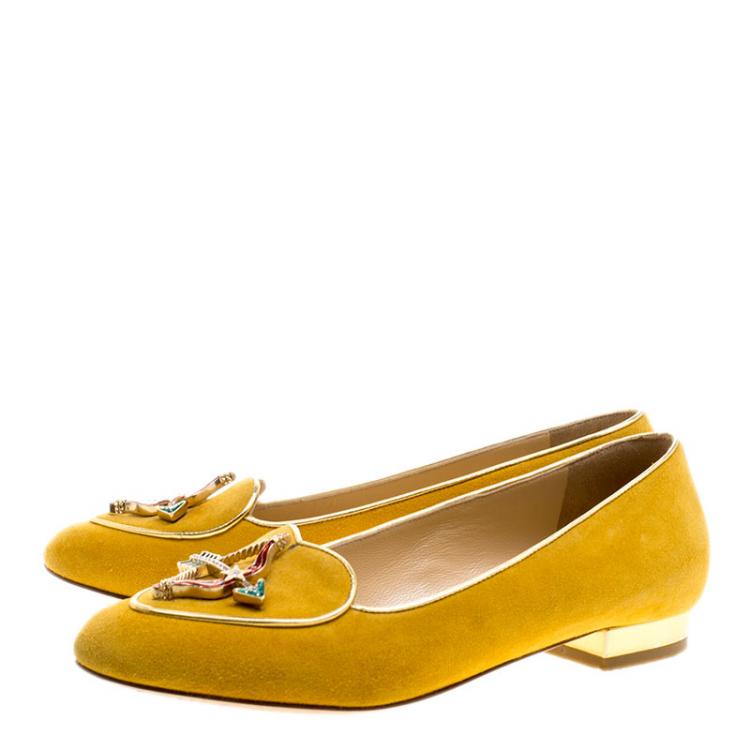 Pre Owned Charlotte Olympia Mustard Yellow Suede Sagittarius Smoking Slippers Size 36