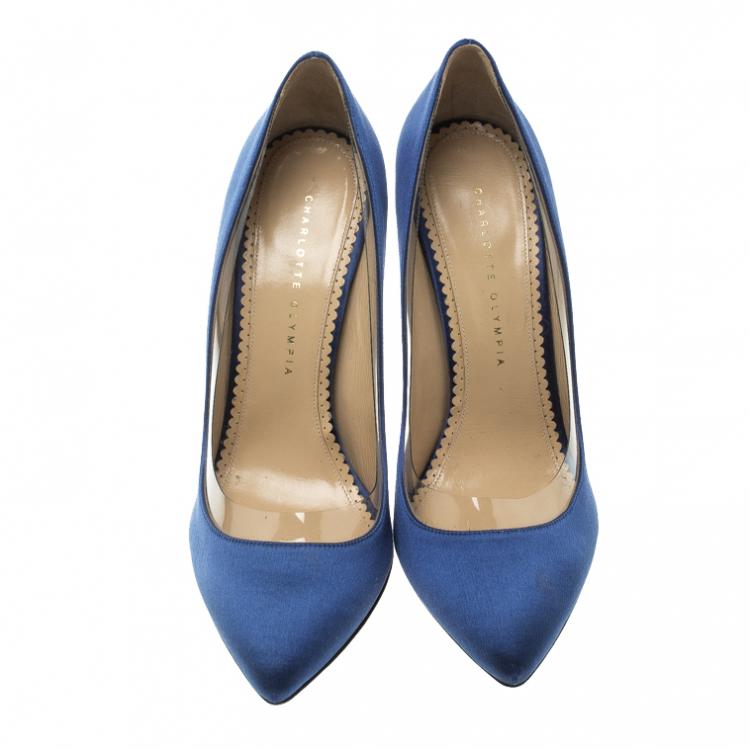 مملوكة مسبقًا Charlotte Olympia Blue Satin and PVC Desiree Pointed Toe Pumps Size 41
