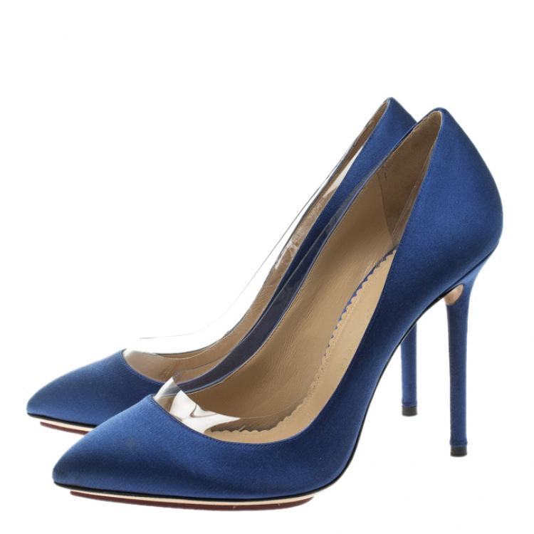 مملوكة مسبقًا Charlotte Olympia Blue Satin and PVC Desiree Pointed Toe Pumps Size 41