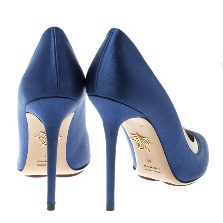 مملوكة مسبقًا Charlotte Olympia Blue Satin and PVC Desiree Pointed Toe Pumps Size 41