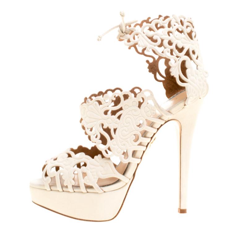 Pre Owned Charlotte Olympia Cream Laser Cut Suede Belinda Peep Toe Platform Sandals Size 37.5