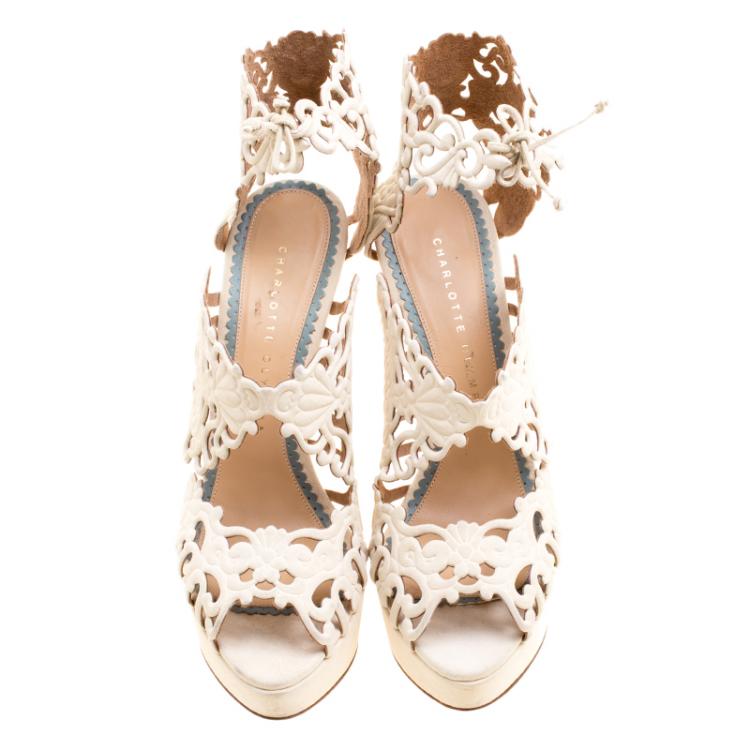 Pre Owned Charlotte Olympia Cream Laser Cut Suede Belinda Peep Toe Platform Sandals Size 37.5