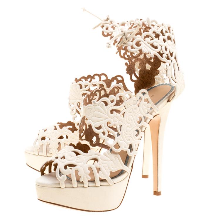Pre Owned Charlotte Olympia Cream Laser Cut Suede Belinda Peep Toe Platform Sandals Size 37.5