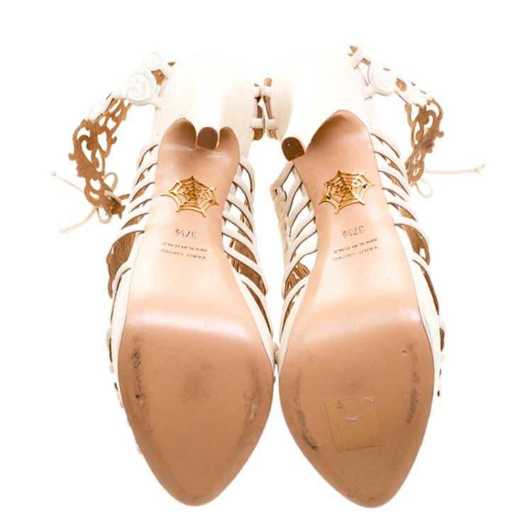 Pre Owned Charlotte Olympia Cream Laser Cut Suede Belinda Peep Toe Platform Sandals Size 37.5