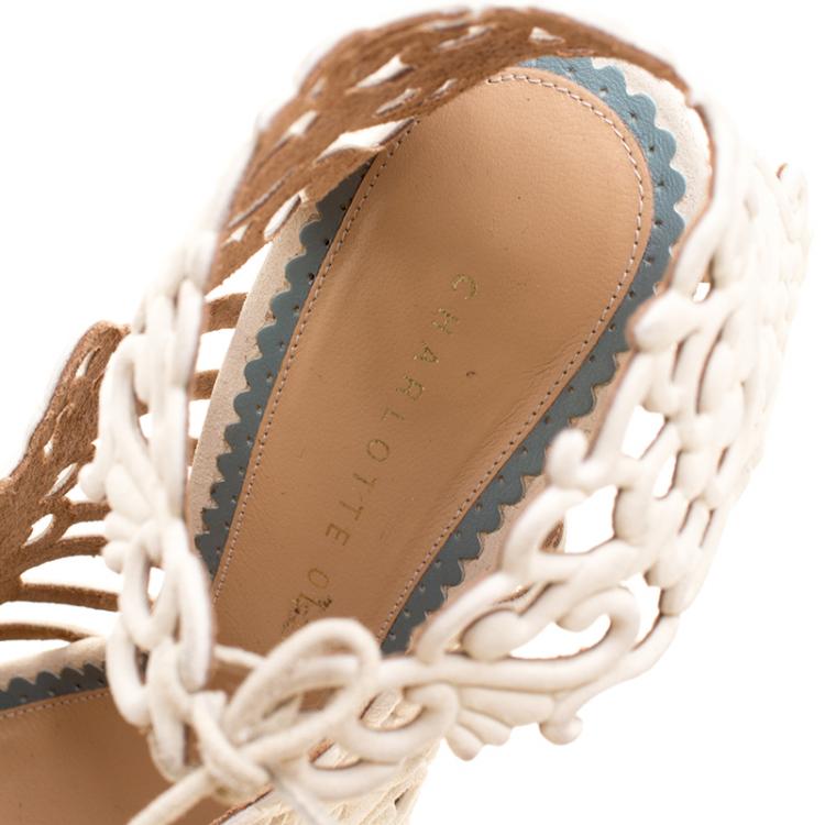Pre Owned Charlotte Olympia Cream Laser Cut Suede Belinda Peep Toe Platform Sandals Size 37.5