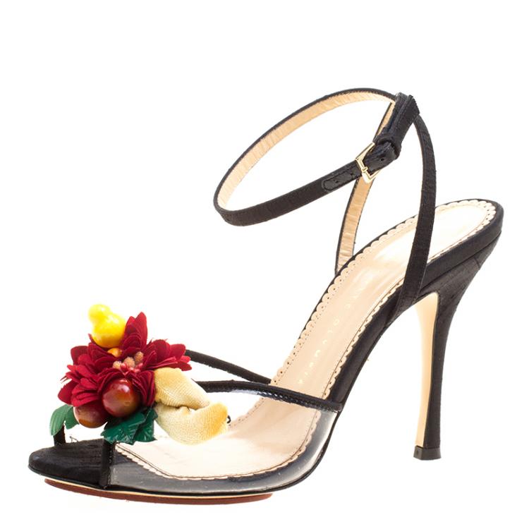 Pre Owned Charlotte Olympia Black Canvas And PVC Tropicana Embellished Sandals Size 38