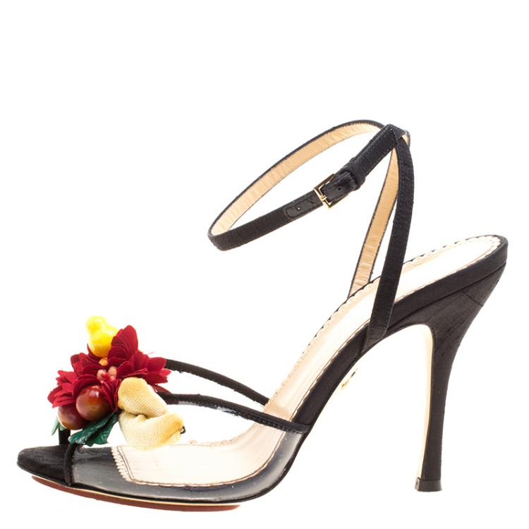 Pre Owned Charlotte Olympia Black Canvas And PVC Tropicana Embellished Sandals Size 38