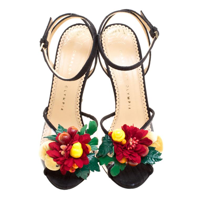 Pre Owned Charlotte Olympia Black Canvas And PVC Tropicana Embellished Sandals Size 38