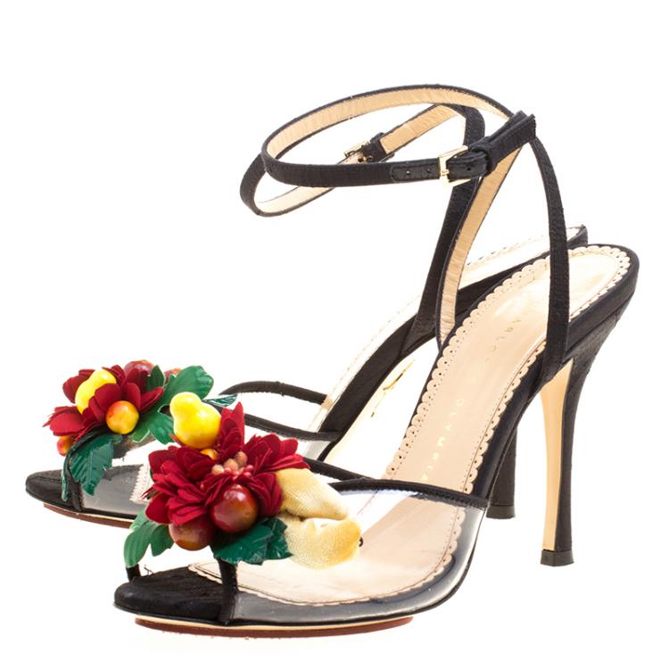 Pre Owned Charlotte Olympia Black Canvas And PVC Tropicana Embellished Sandals Size 38