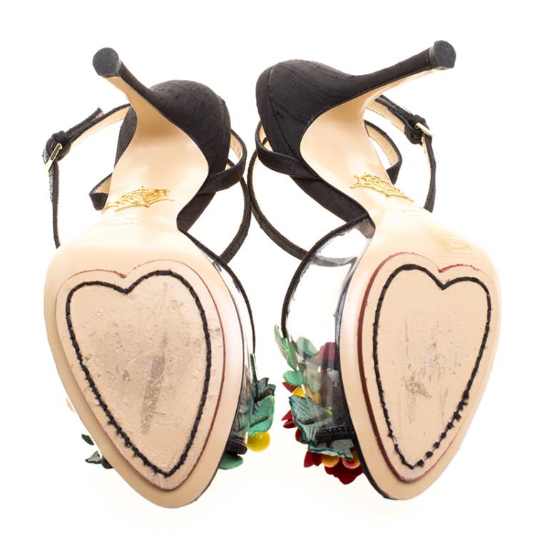 Pre Owned Charlotte Olympia Black Canvas And PVC Tropicana Embellished Sandals Size 38